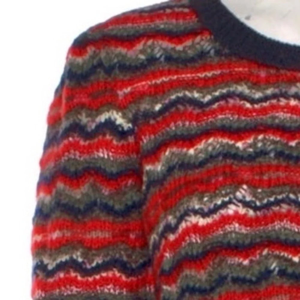 $298 TORY BURCH Lurex Stripe Knit Wool Blend Red Sweater Crew Neck Womens MEDIUM